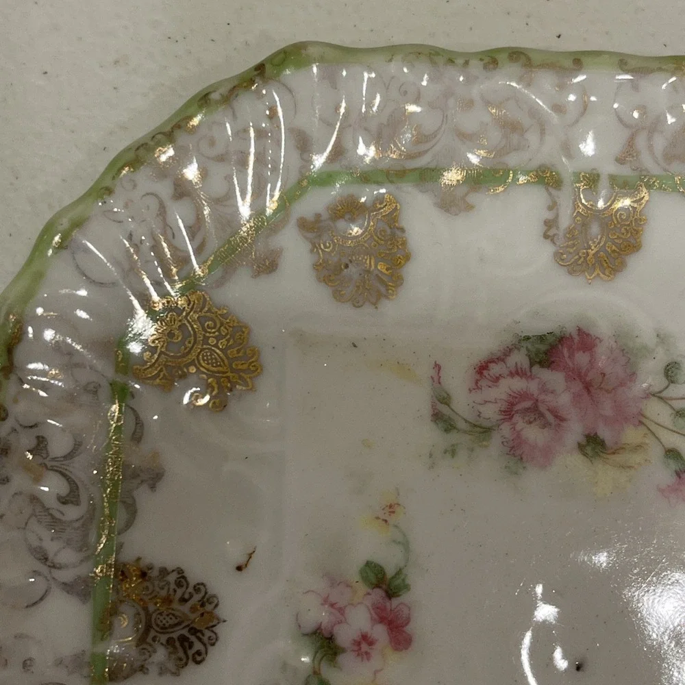 Imperial China Austria Unusual Plate Trivet Floral Gold Green Square Octagonal